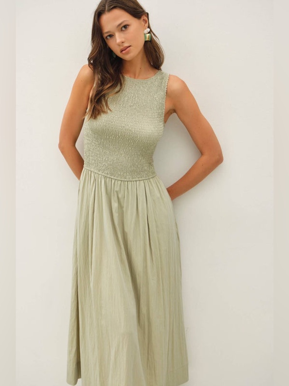 Sleeveless Sage Green Smocked Midi Dress